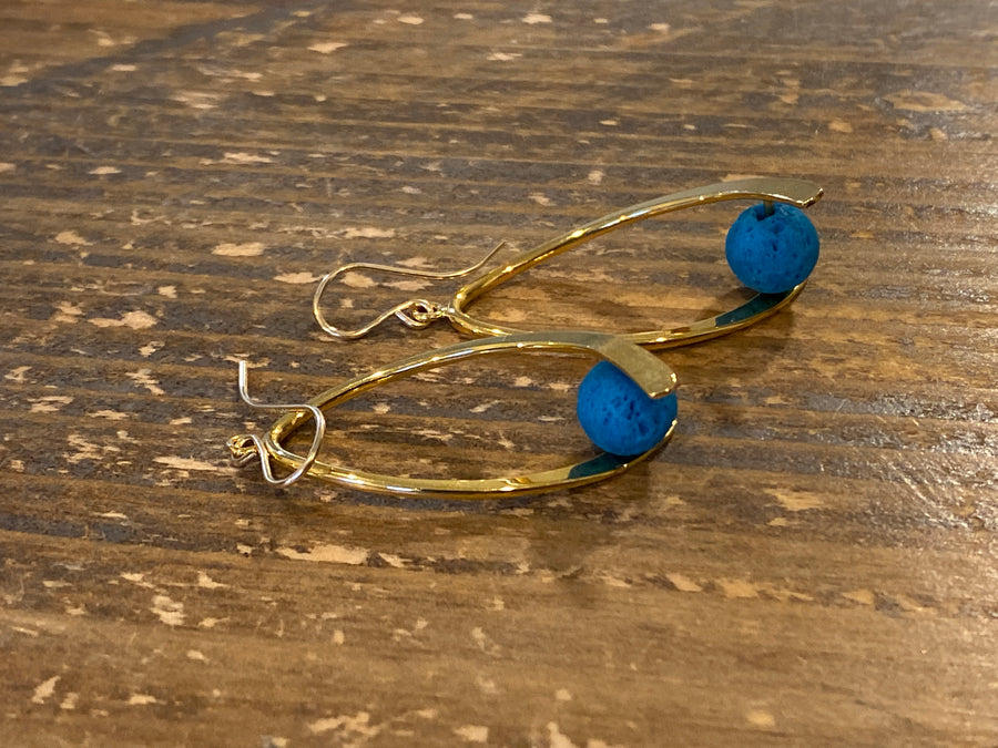 Swoosh Earrings - Gold with Aromatherapy Blue Lava Rock