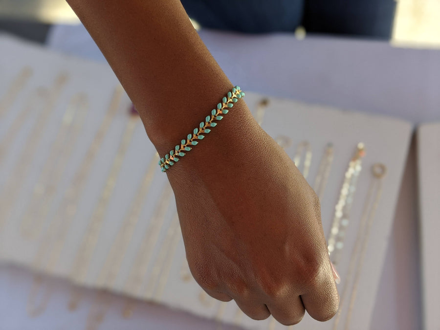 gold and mint chain bracelet leaf details rose burkhardt affordable online jewelry shop