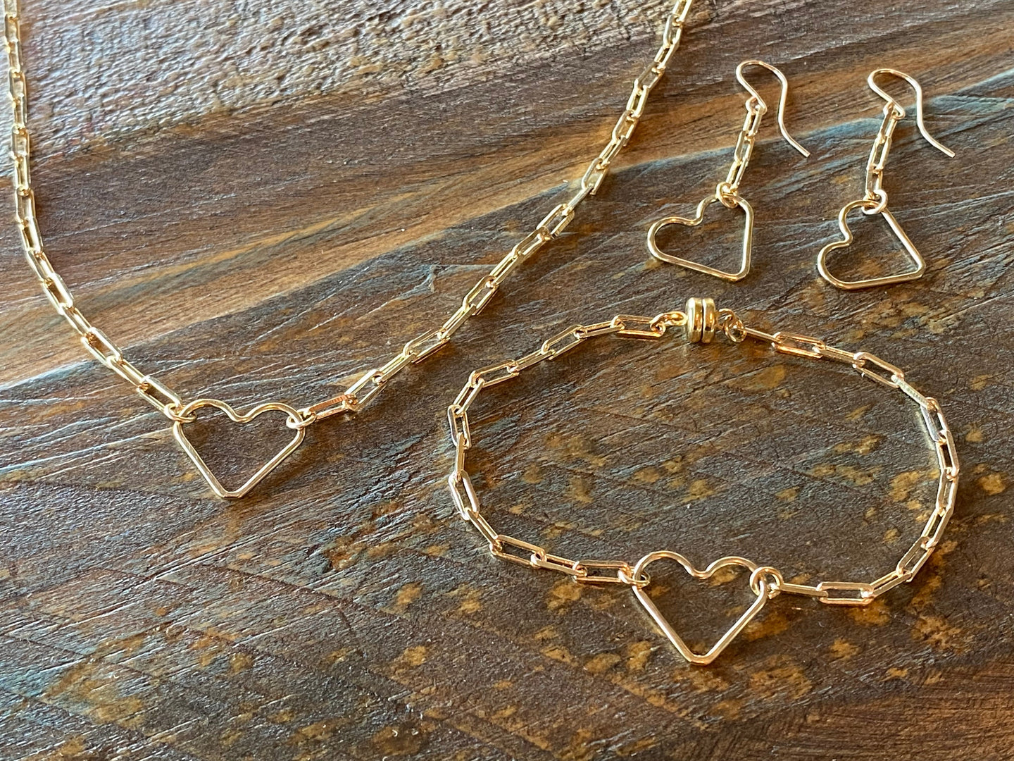 gold heart jewelry set handmade necklace hearts earrings and bracelt online jewelry store