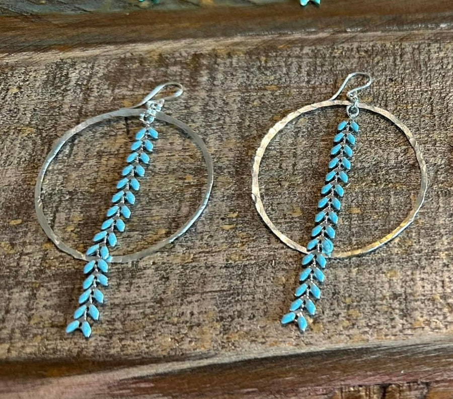 Hand Hammered Sterling Silver Hoop & Light Blue Ivy Earrings