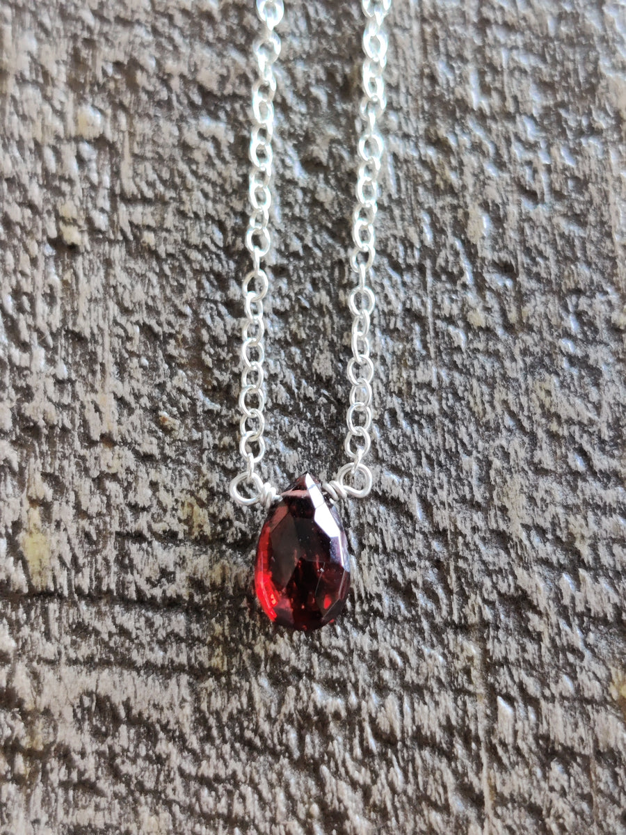 Sterling silver red garnet teardrop gemstone necklace
