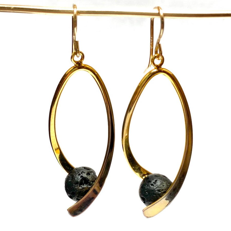 Swoosh Earrings - Gold with Aromatherapy Black Lava Rock