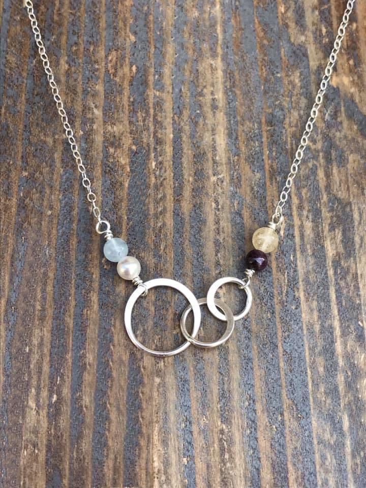 Custom birthstones on silver infinity three circle necklace