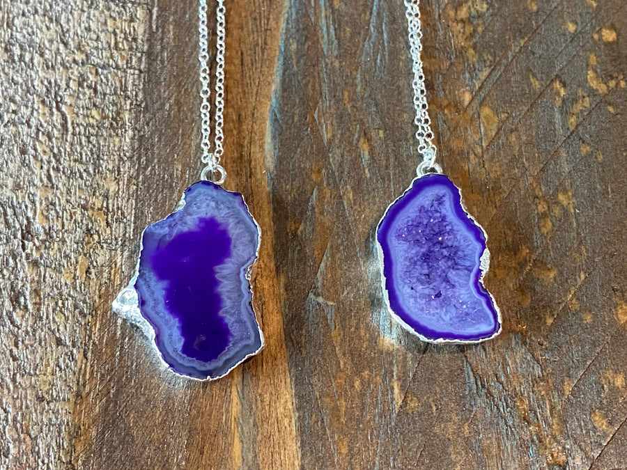Purple agate on silver necklace