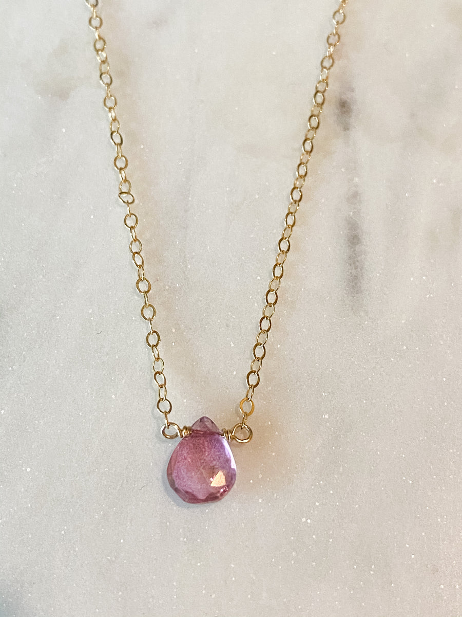 Silver pink topaz drop necklace