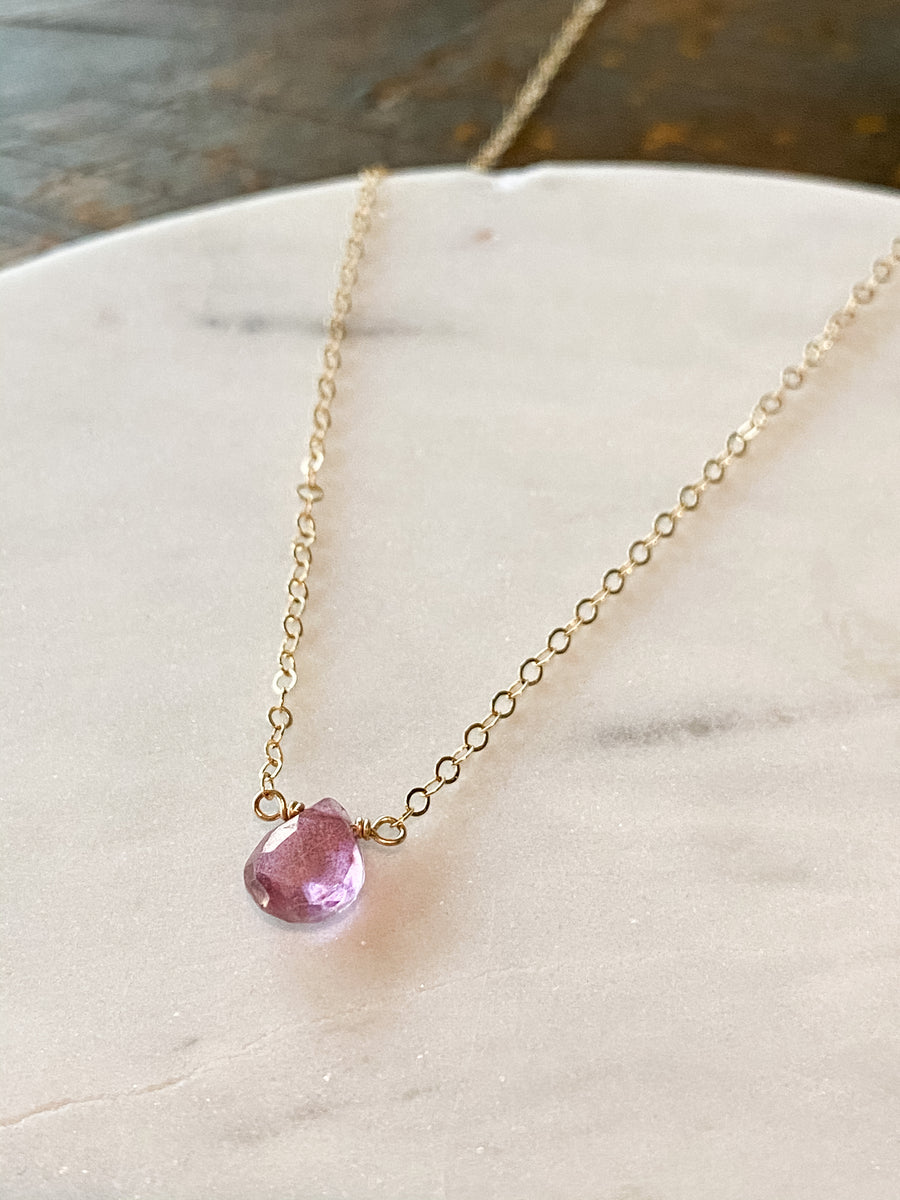 Gold pink topaz drop necklace