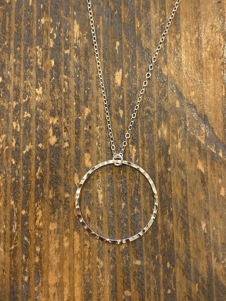 Silver large hammered circle necklace