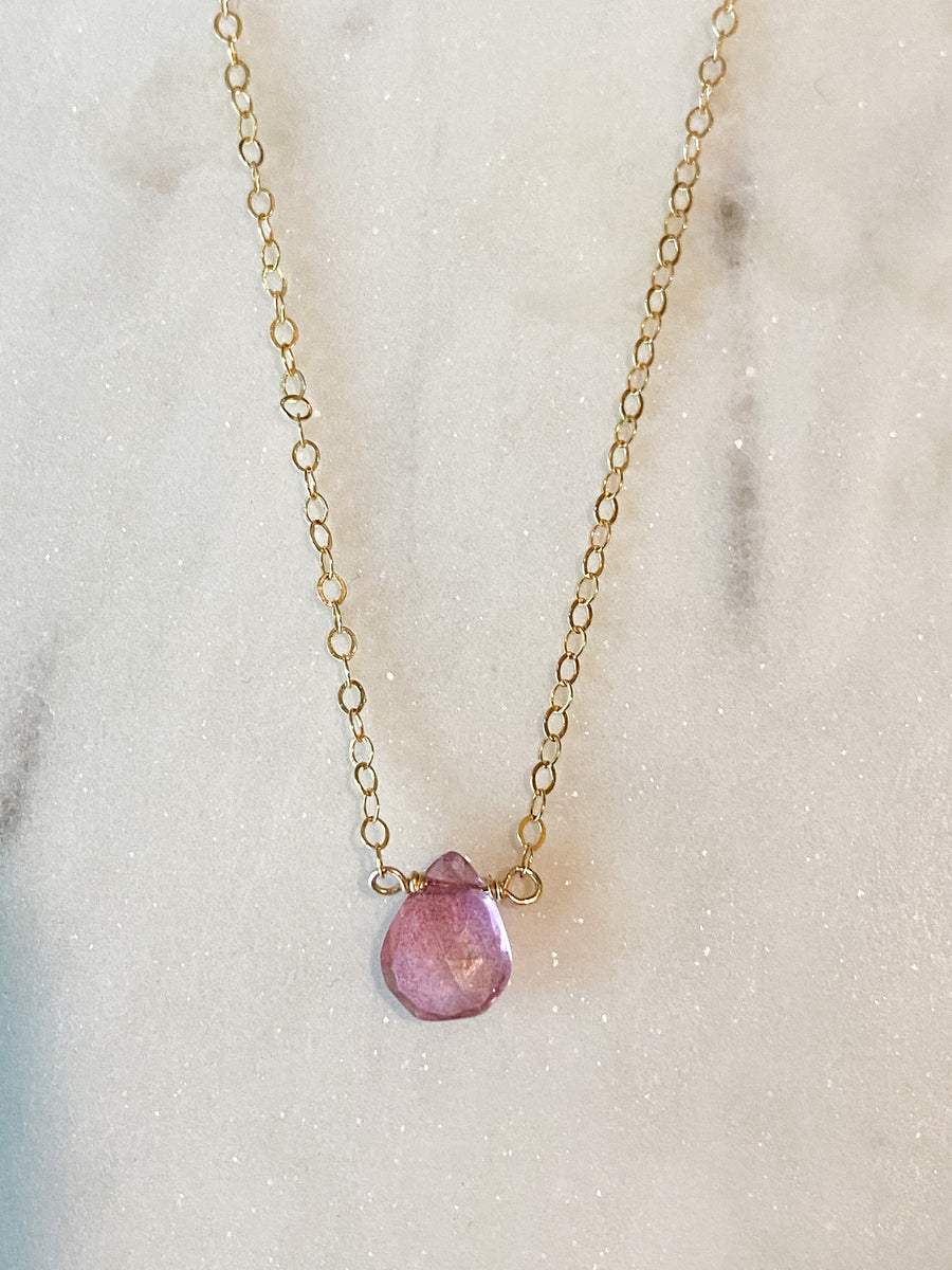 Silver pink topaz drop necklace