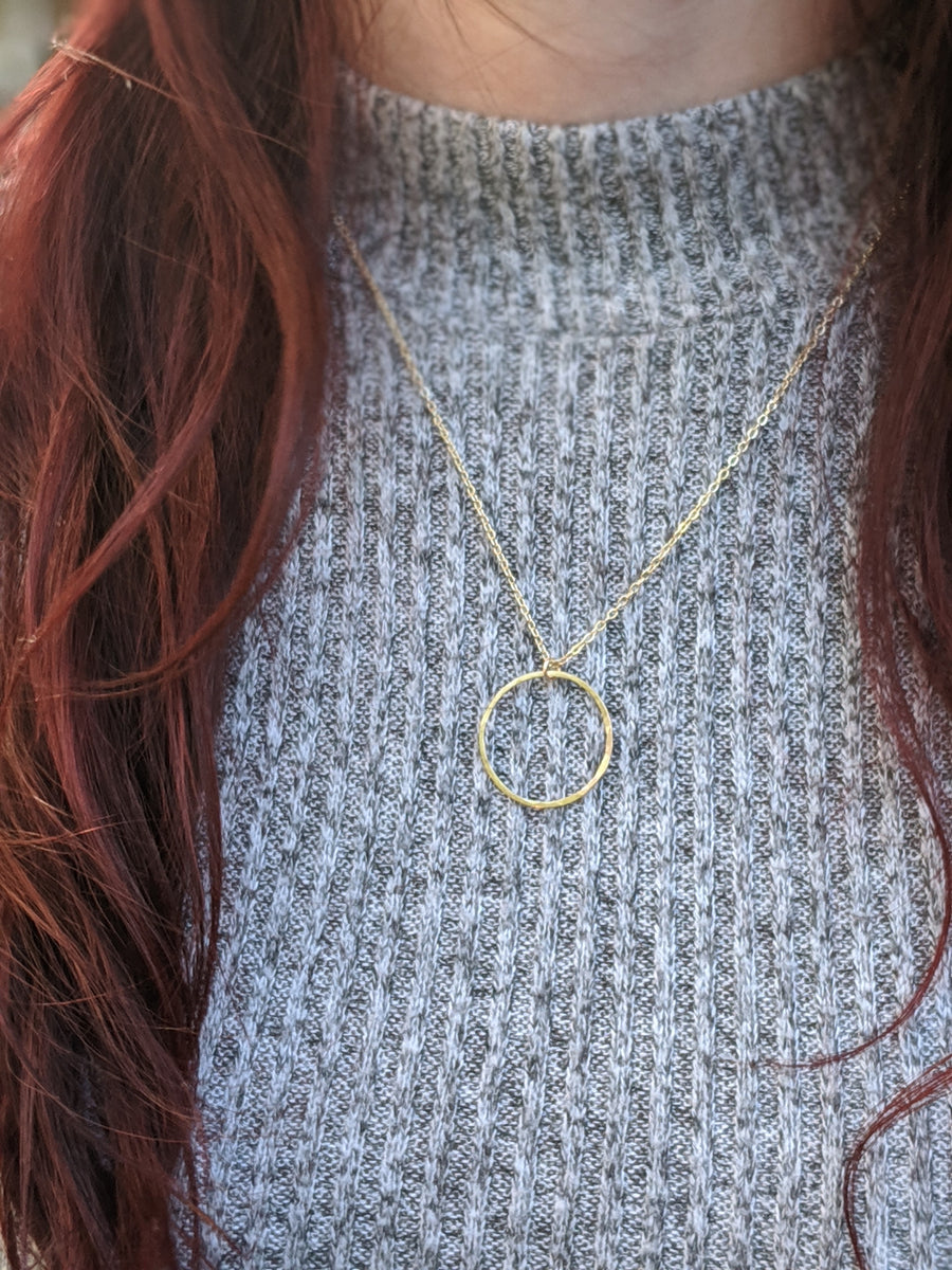 Gold Large Hammered Single Circle Necklace