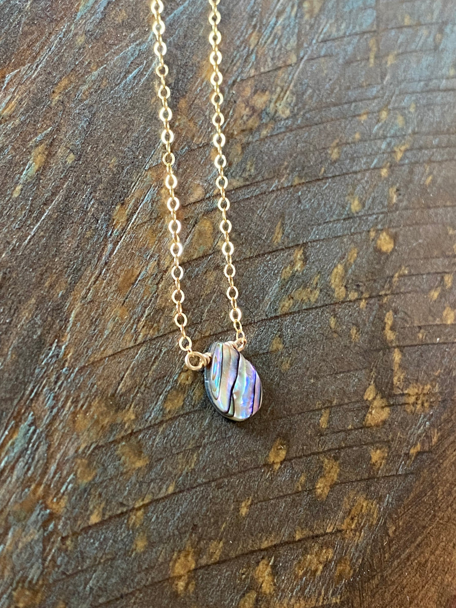Gold small abalone two sided teardrop gemstone necklace