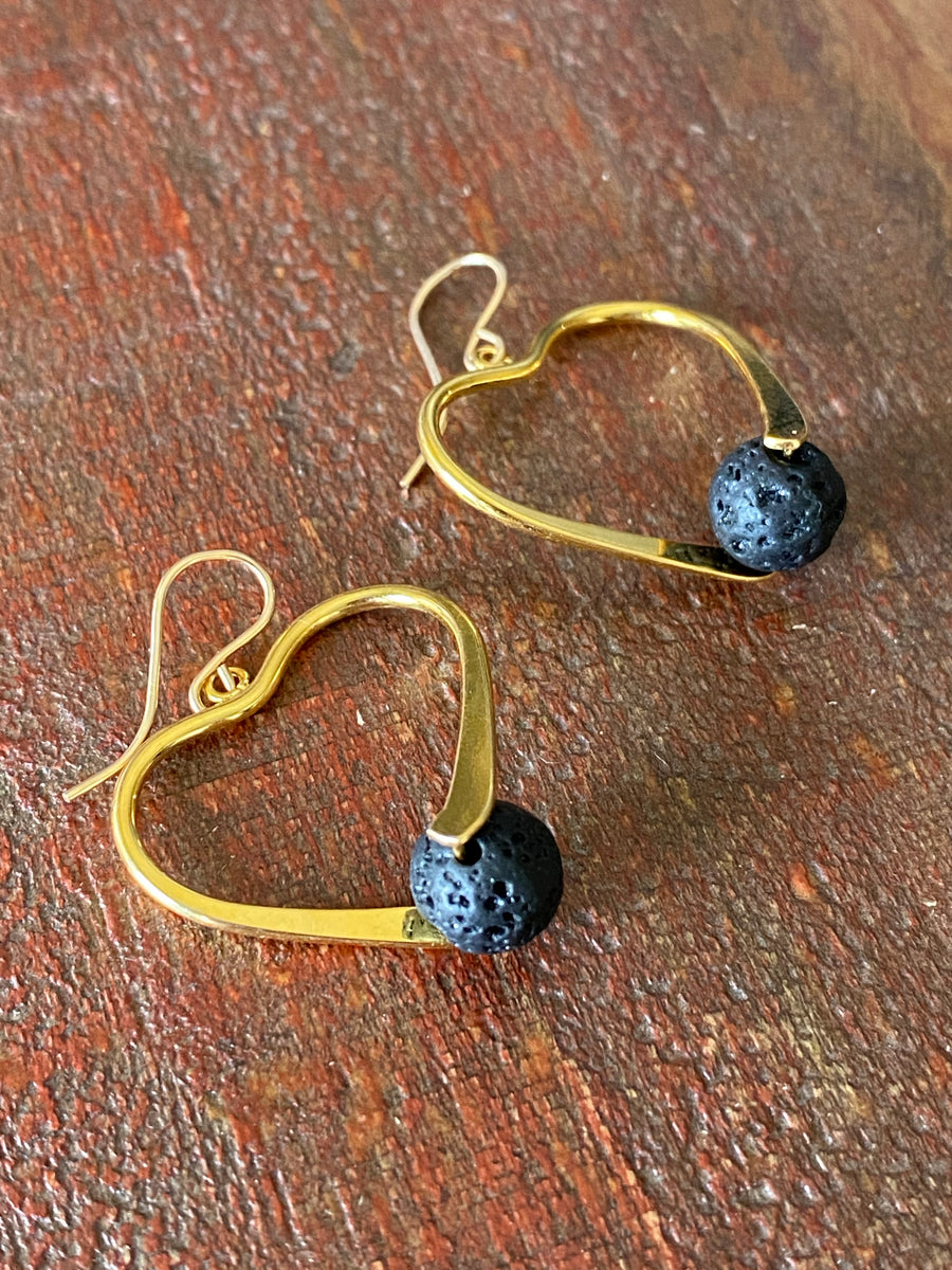 Aromatherapy essential oil diffuser black lava rock on gold heart earrings