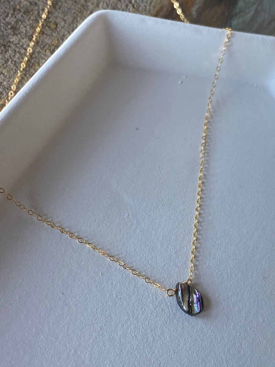 Gold small abalone two sided teardrop gemstone necklace