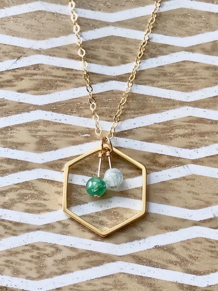 Personalized birthstones suspended in gold hexagon