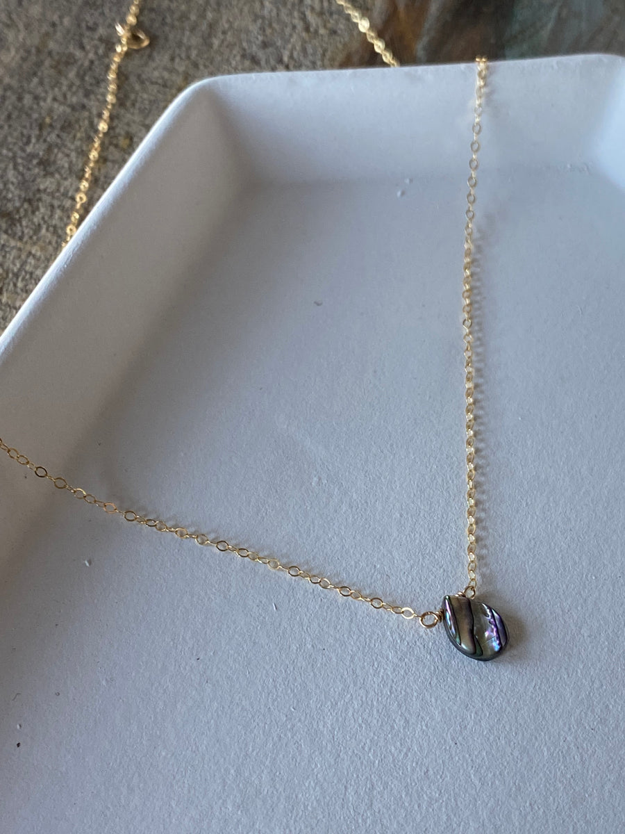 Gold small abalone two sided teardrop gemstone necklace