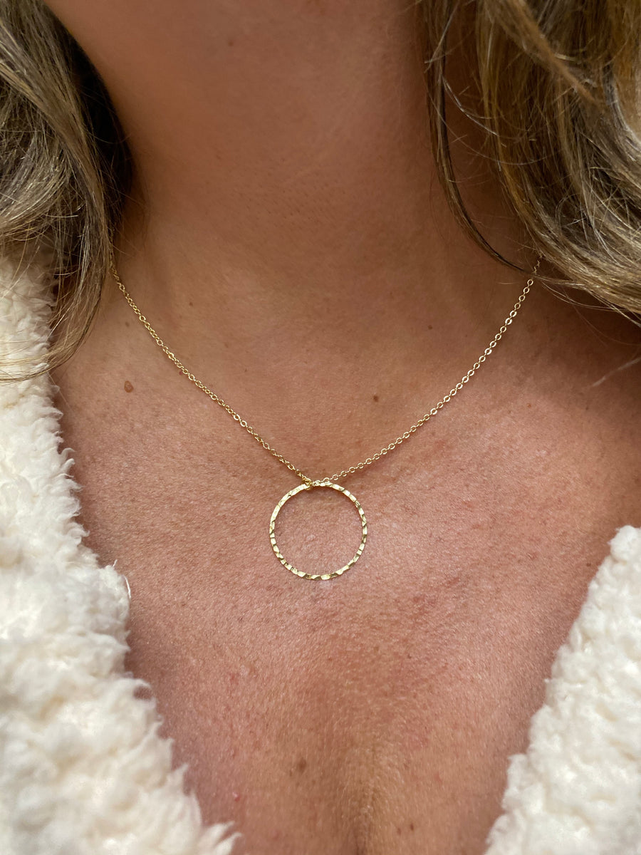 Gold Large Hammered Single Circle Necklace