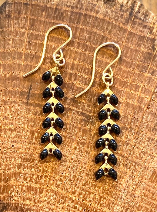 Black enamel on gold plated ivy earrings with 14K gold filled hooks