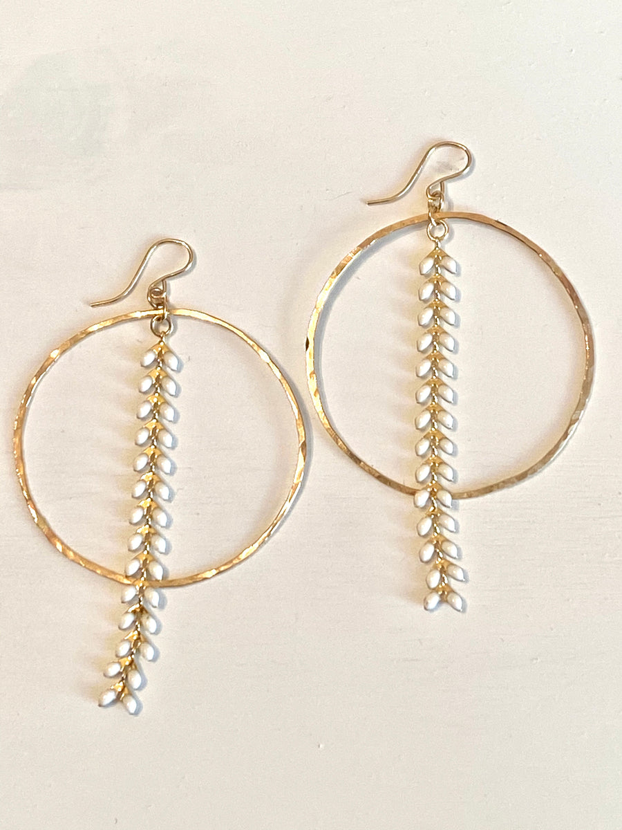 Hand Hammered 14K Gold Filled Hoop & White Ivy Earrings