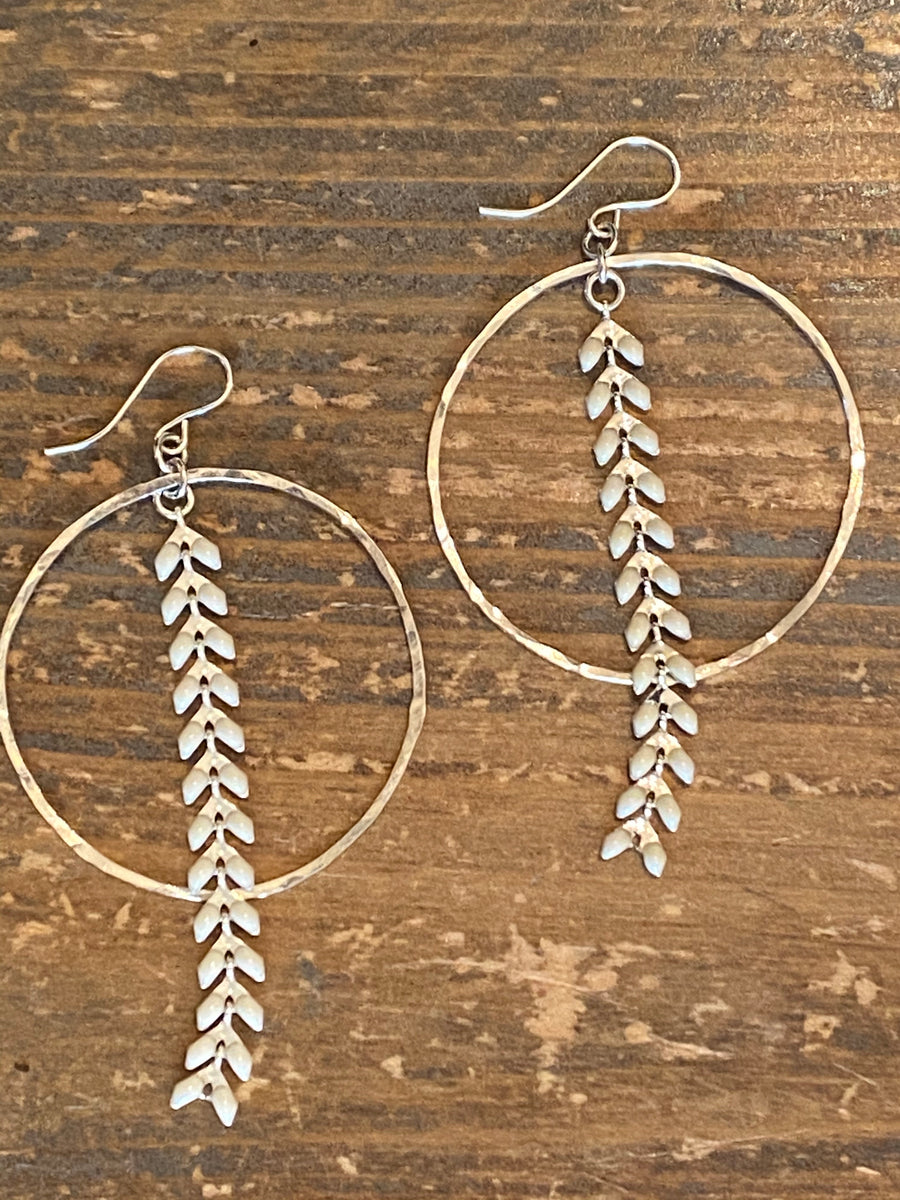 Hand Hammered Sterling Silver Hoop & White Ivy Earrings