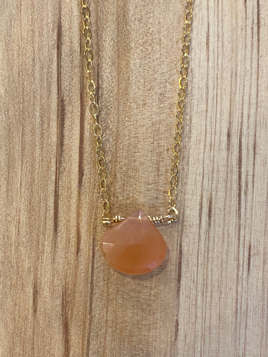 Gold Peach Moonstone teardrop gemstone necklace
