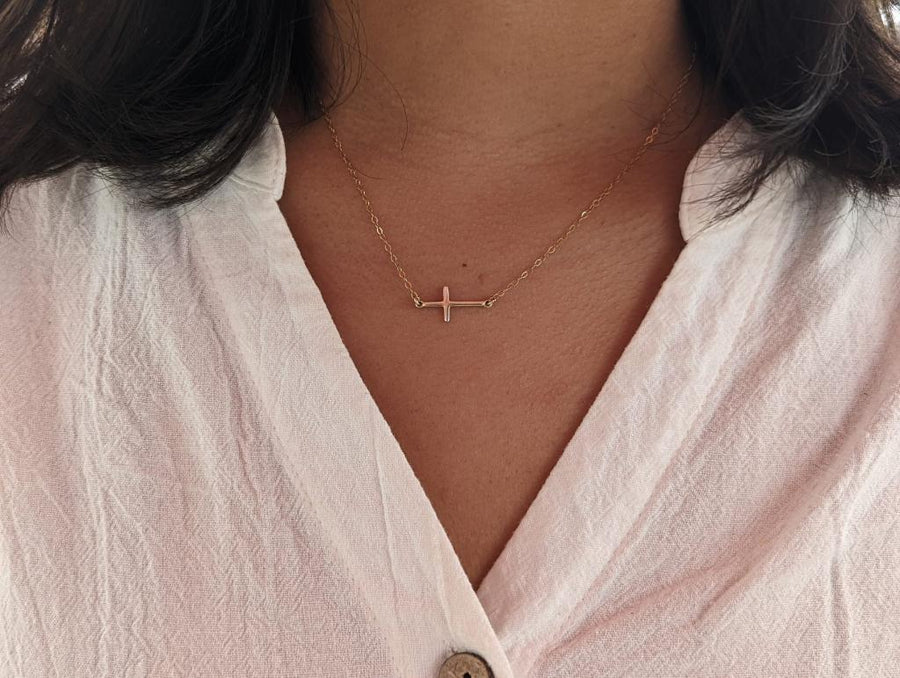 Silver sideways cross necklace